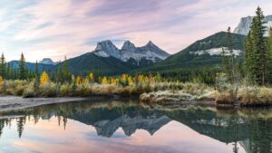 Canmore's Three Sisters Peaks with Lake Mirror